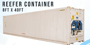 Illustrated refrigerated shipping container with an end-mounted cooling unit, labelled Reefer Container 8 ft x 40 ft