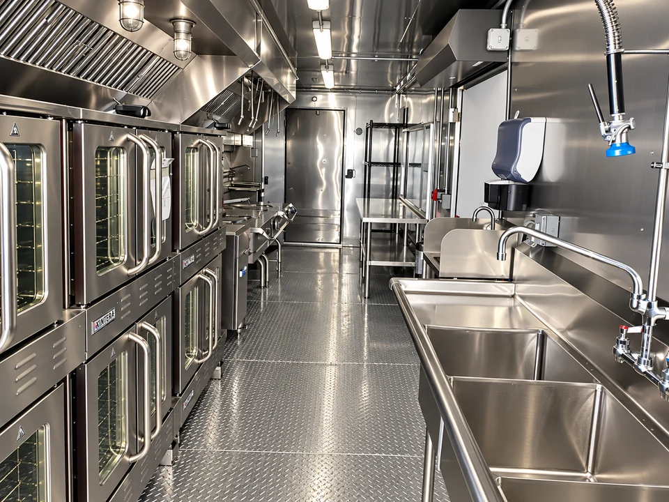 Bulk-combination kitchen interior with ovens and washing stations